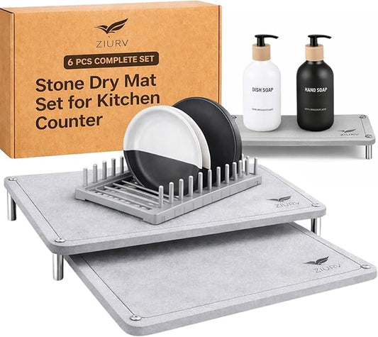 6 PCS Stone Drying Mat Set for Kitchen Counter, 2 Large Diatomaceous Earth Dish Drying Mats with Stainless Steel Legs, Dish Rack, Soap Dispenser Set with Tray, Quick Expandable System Dish Dryer Mat
