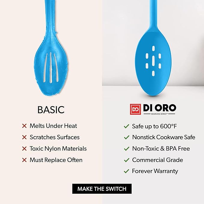 DI ORO Silicone Mixing & Serving Spoons - Large Heat-Resistant Non Stick Utensils Big Solid & Slotted Basting Spoons - Dishwasher Safe (2pc, Blue) - Image 7