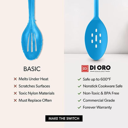DI ORO Silicone Mixing & Serving Spoons - Large Heat-Resistant Non Stick Utensils Big Solid & Slotted Basting Spoons - Dishwasher Safe (2pc, Blue) - Image 7
