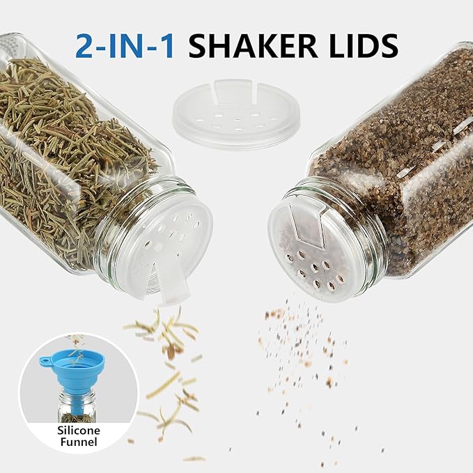 24Pcs Glass Spice Jars with Labels, 4oz Spice Containers with Bamboo Lids, Square Seasoning Containers Trial and Supplement Set for Spice Rack, Drawer, Cabinet
