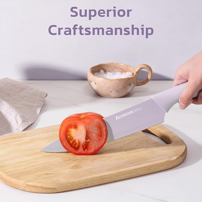 Astercook Knife Set, 13 Pieces Kitchen Knives Set with Healthy Anti-Rust Coating, Dishwasher Safe, Stainless Steel Chef Knife Sets with 6 Blade Guards, Perfect Mothers Day Gifts for Kitchen Purple - Image 8
