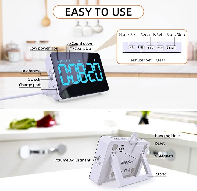 Rechargeable Digital Kitchen Timer for Cooking, Magnetic Timers with Countdown/up, Kids Timer with 5”LED Display 3 Brightness 4 Volume Adjustable for Classroom/Office/Home/Work/Fitness/Game（Blue） - Image 6