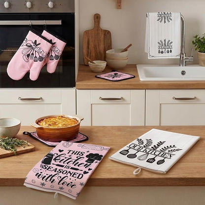 Leinuosen 8 Pcs Kitchen Towels and Oven Mitts Sets Pot Holders Dishcloths Set Kitchen Decorative Accessories Absorbent Potholders Heat Resistant for Chef Baking Cooking - Image 6
