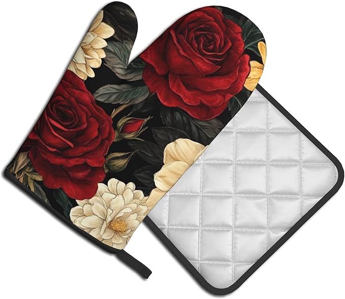 Boho Oven Mitts and Pot Holders Sets Vintage Peony Flowers Kitchen Mitts Potholders 2PCS Floral Oven Gloves Hot Pads for Kitchen Baking Cooking - Image 2