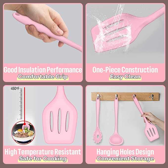 E-far Silicone Cooking Utensils Set, 7-Piece Pink Heat Resistant Kitchen Utensils Set, Kitchen Nonstick Tools Spatula Ladle Spoon Pasta Server for Non-stick Cookware, Non-Toxic & Dishwasher safe - Image 3