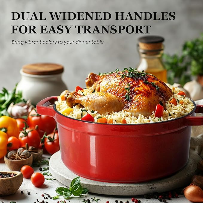 Overmont Enameled Cast Iron Dutch Oven - 5QT Pot with Lid Cookbook & Cotton Potholders - Heavy-Duty Cookware for Braising, Stews, Roasting, Sourdough Baking red - Image 3