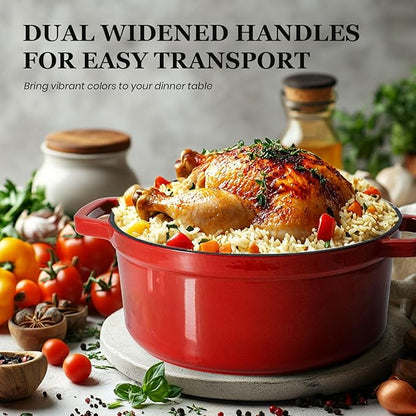 Overmont Enameled Cast Iron Dutch Oven - 5QT Pot with Lid Cookbook & Cotton Potholders - Heavy-Duty Cookware for Braising, Stews, Roasting, Sourdough Baking red - Image 3