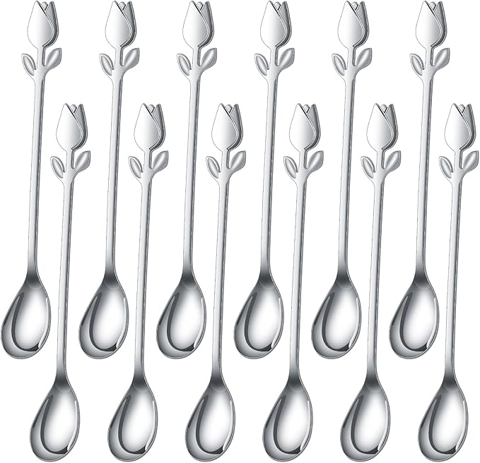 Silver Tulip/Rose Handle 12-Pcs Mini Coffee Spoons Set - 6" Stainless Steel for Espresso, Tea, Dessert - Ideal for Demitasse & Small Servings by SGvrPvz