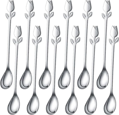 Silver Tulip/Rose Handle 12-Pcs Mini Coffee Spoons Set - 6" Stainless Steel for Espresso, Tea, Dessert - Ideal for Demitasse & Small Servings by SGvrPvz