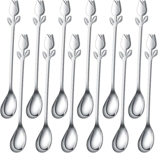 Silver Tulip/Rose Handle 12-Pcs Mini Coffee Spoons Set - 6" Stainless Steel for Espresso, Tea, Dessert - Ideal for Demitasse & Small Servings by SGvrPvz