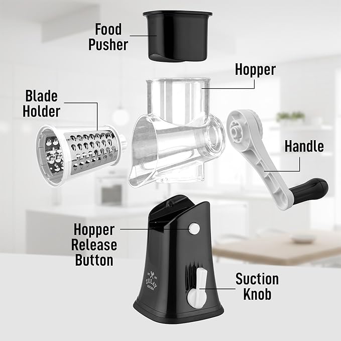Zulay Kitchen Rotary Cheese Grater 5 Blade Cheese Shredder - Manual Hand Crank Cheese Grater With Reinforced Suction & 5 Interchangeable Drums - Easy to Use, Vegetable Chopper Round Mandoline Slicer - Image 8