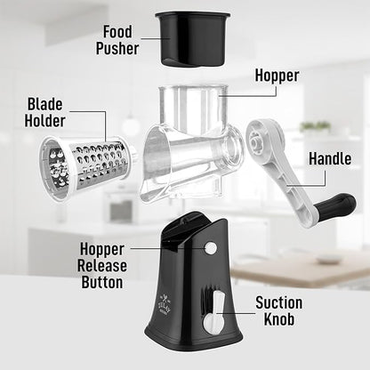 Zulay Kitchen Rotary Cheese Grater 5 Blade Cheese Shredder - Manual Hand Crank Cheese Grater With Reinforced Suction & 5 Interchangeable Drums - Easy to Use, Vegetable Chopper Round Mandoline Slicer - Image 8