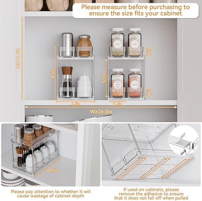 Yieach 2 Tier Sliding Spice Racks for Cabinets,4 Pack 10.4'' Deep Narrow Vertical Spice Rack Pull Out for Inside Cabinets,Kitchen,Pantry,Cupboard Seasoning,Jar Organizer and Medicine Cabinet Storage