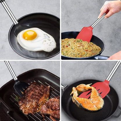 Silicone Spatula and Cooking Spoon,5 Pack Non-Stick Cooking Utensils for Kitchen，Heat Resistant Solid & Slotted Spoons and Spatulas, Stainless Steel Handle Coated with Silicone,Black - Image 7