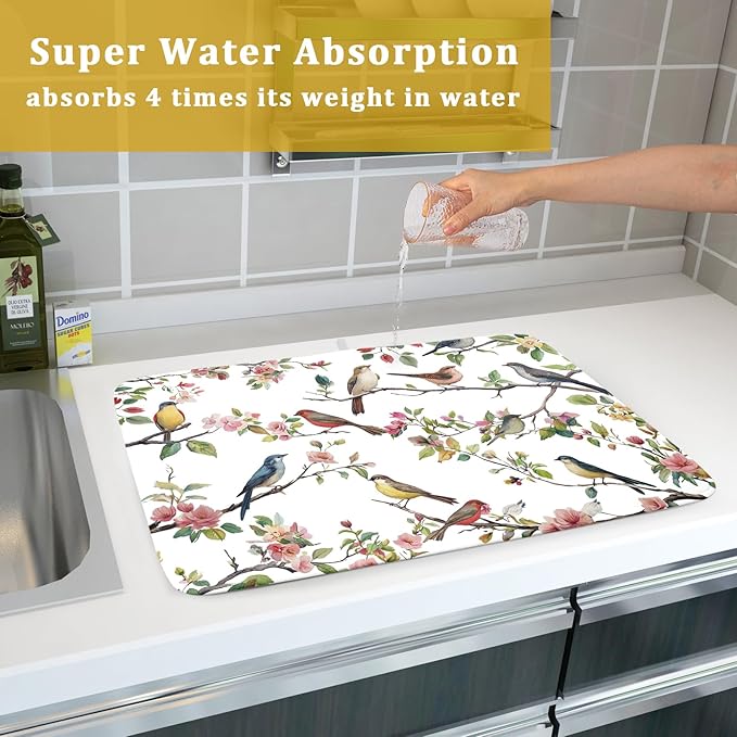 Spring Dish Drying Mat for Kitchen Counter Cute Birds Summer Holiday Microfiber Absorbent Dish Draining Reusable Washable Foldable Extra Large 18"x24" - Image 7