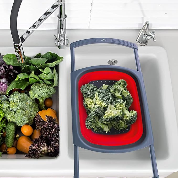 Collapsible Colander Strainer with Extendable Handles - Over the Sink Vegetable/Fruit Colanders Strainers for Kitchen, Capacity of 6 quart (Red)