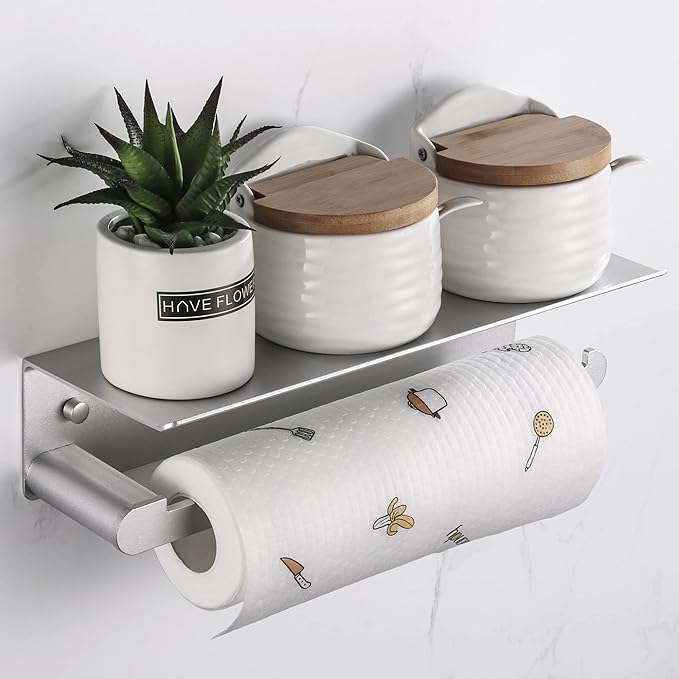 Paper Towel Holder Wall Mount for Kitchen, Self-Adhesive Paper Towel Holder with Shelf for Bathroom, Anti-Rust Aluminum, No Drill or Wall-Mounted with Screws (Silver)