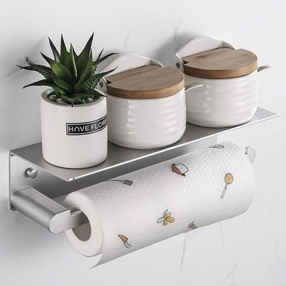 Paper Towel Holder Wall Mount for Kitchen, Self-Adhesive Paper Towel Holder with Shelf for Bathroom, Anti-Rust Aluminum, No Drill or Wall-Mounted with Screws (Silver)