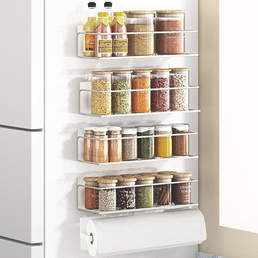 Magnetic Spice Rack For Refrigerator, Space Saving Magnetic Shelf For Fridge White 4 Pack With Magnetic Paper Towel Holder by Roysili
