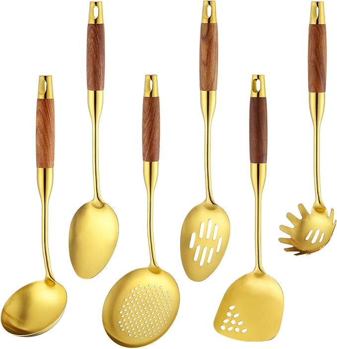 Izurok 18/10 Stainless Steel Kitchen Utensils Set,6 Piece Cooking Utensils With Wood Handle,Heat Resistant Kitchen Tool Set With Spatula, Spoon, Ladle, Skimmer, Slotted Spoon, Pasta by IzurokBuynow