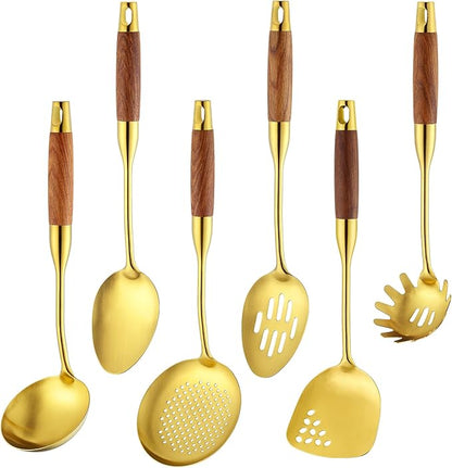 Izurok 18/10 Stainless Steel Kitchen Utensils Set,6 Piece Cooking Utensils With Wood Handle,Heat Resistant Kitchen Tool Set With Spatula, Spoon, Ladle, Skimmer, Slotted Spoon, Pasta by IzurokBuynow