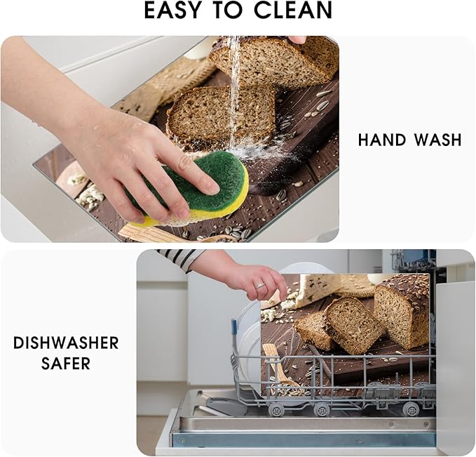 JAMBALAY Tempered Glass Cutting Board, 10"x14" for Kitchen Dishwasher Safe with Rubber Feet, Scratch Resistant, Heat Resistant, Shatterproof, Bread Pattern