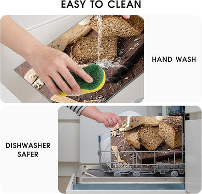 JAMBALAY Tempered Glass Cutting Board, 10"x14" for Kitchen Dishwasher Safe with Rubber Feet, Scratch Resistant, Heat Resistant, Shatterproof, Bread Pattern