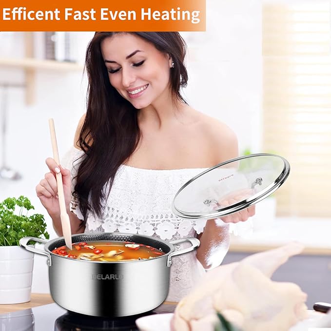 DELARLO Tri-Ply Stainless Steel Stock Pot, 5QT Non Stick Pots, Induction Ready, Cooking Pots with Lids, Stockpot 600℉ Oven Safe, 18/8 Food Grade Cookware, Soup Pot, Energy Saving, Lids 350℉ - Image 4