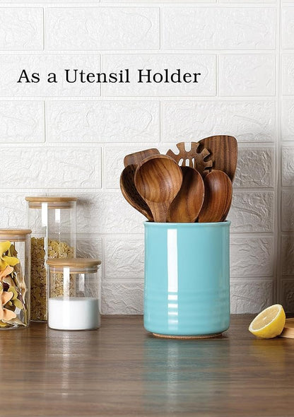 ABRUTY Utensil Holder, 6.7" Ceramic Kitchen Utensil Crock for Countertop Cooking, Modern Utensil Caddy Jar Organizer for Farmhouse Kitchen Counter Décor, Turquoise - Image 3