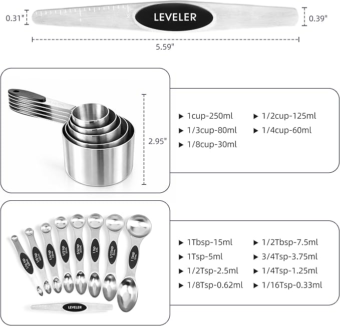 Magnetic Measuring Cups and Spoons Set, Strong N45 Magnets, 304 Stainless Steel, Double-Sided Measuring Spoons, 14-Piece Set with Leveler for Baking & Cooking - Image 3