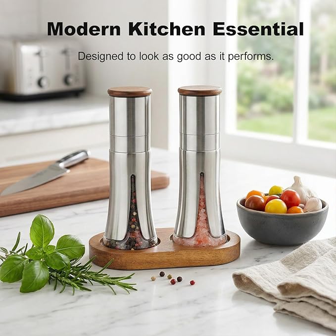 Aelga Salt and Pepper Grinder Set with Wooden Tray - 4oz Glass Manual Pepper Mill with 5-Level Adjustable Coarseness, Refillable Salt Grinder with Wood Lid, Silicone Funnel - Image 5