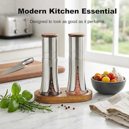 Aelga Salt and Pepper Grinder Set with Wooden Tray - 4oz Glass Manual Pepper Mill with 5-Level Adjustable Coarseness, Refillable Salt Grinder with Wood Lid, Silicone Funnel - Image 5