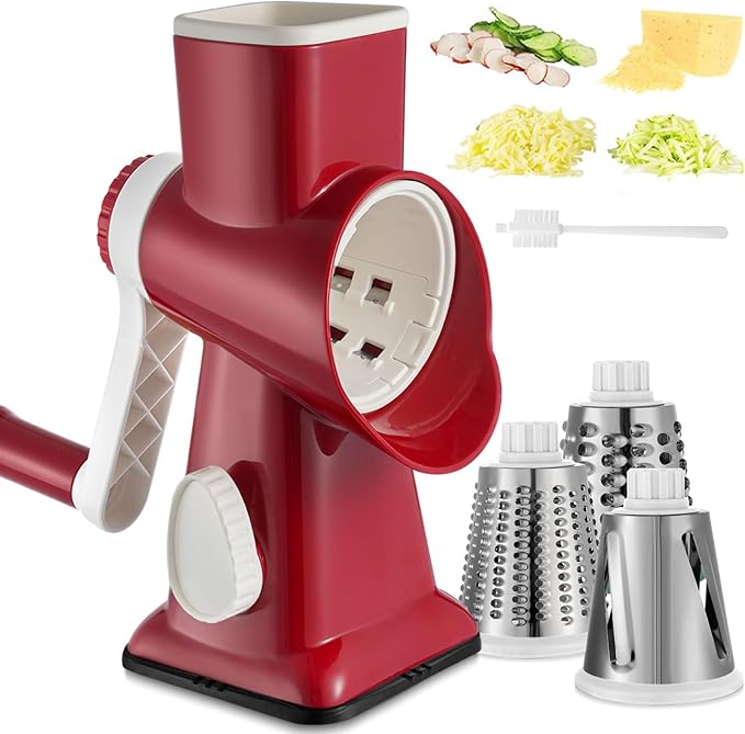 Cheese Grater Hand Crank Rotary Vegetables Shredder with Handle, 3-in-1 Graters with Interchangeable Blades and Non-slip Base Multifunctional Slicer for Kitchen by EDEFISY
