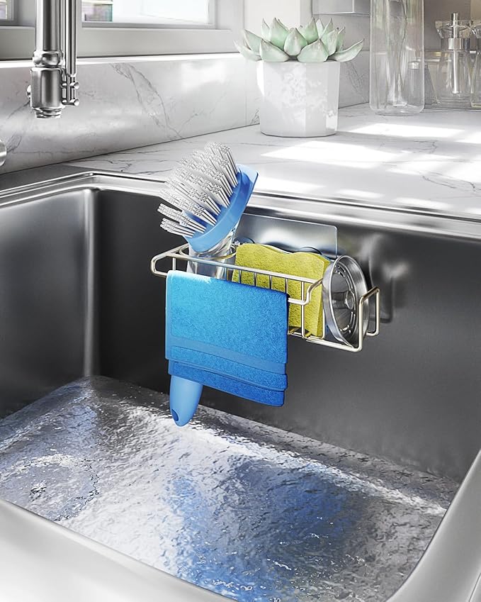 HapiRm Sink Caddy Sponge Holder - No Drill Sponge Holder for Kitchen Sink, Rustproof and Waterproof Kitchen Organizer - Brushed Nickel（8.65 * 3.54 * 2.36 in） - Image 6