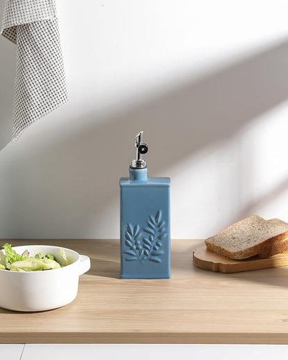 Sweejar Ceramic Olive Oil Dispenser Bottle for Kitchen, 17 Oz Relief Opaque Oil and Vinegar Dispenser Bottle with Spout, Suitable for Soy Sauce, Coffee Syrup, Liquids (Fogblue)