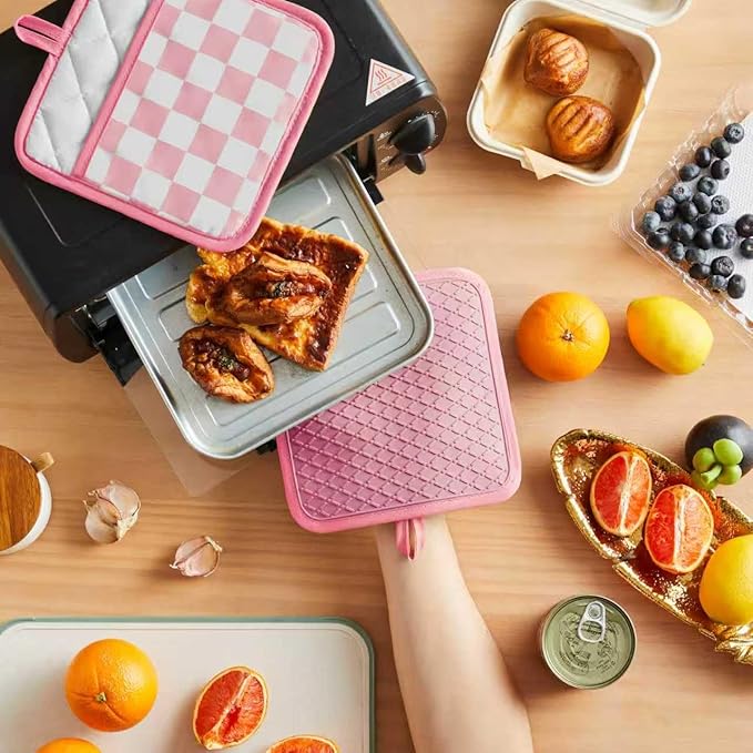 Ohocut Pink Checkered Pot Holder, Checkerboard Potholders for Kitchen, Silicone Pot Holders with Pocket for Kitchen Clearance 2 Pack Set, Hot Pads and Oven Mitts for Cooking Baking - Image 2