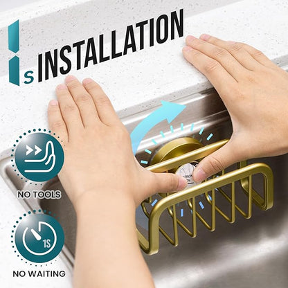 TAILI Sponge Holder for Kitchen Sink with Strong Suction Cup, Rustproof Aluminum Sink Caddy for Sponges, Removable Sponge Holder, Dish Brush for Scraper - Gold - Image 2
