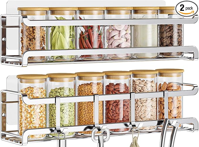 Bunoxea Spice Rack wall mounted 2 Pack, Space-Saving Spice Organizer for Spice Jars and Seasonings,Screw or Adhesive Hanging Spice Rack Organizer for Your Kitchen Cabinet,or Pantry Door,Silver by Bunoxea