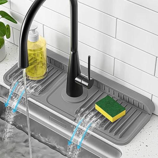 PoYang 14.6 inch Faucet Mat for Kitchen Sink Splash Guard, 7° Slope Silicone Sink Water Splash Guard for Kitchen Sink Area with Snap Button, Small Sink Protectors for kitchen Sink Sponge Holder, Grey