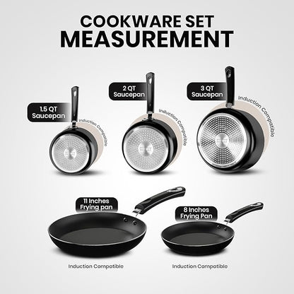 KICHLY 8 Piece Pots and Pans Set, Non Stick Kitchen Cookware Set with 20cm & 28cm Frying Pans and 16cm, 18cm, 20cm Saucepans with Lids, Induction Compatible Pots and Pans Set Non Stick, Black