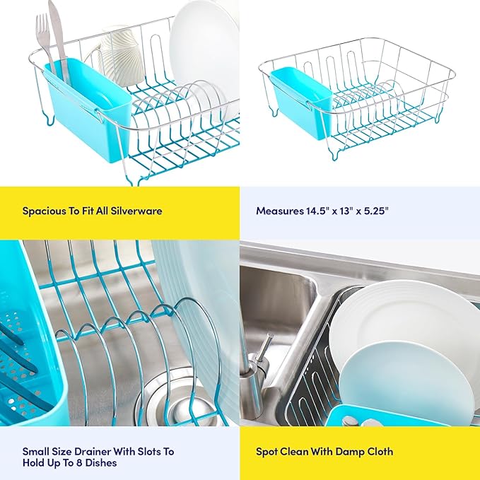 Dish Drying Rack & Cutlery Holder 2 Piece Set - Compact Sink-Fitting Dish Drainer with Rubberized Undercoating, Space-Saving Kitchen Organizer for Plates, Cups, Bowls & Utensils in Sink, Turquoise - Image 6