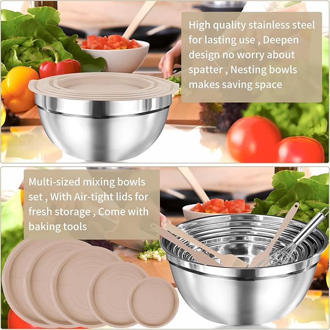 WEPSEN Mixing Bowls Set, 25PCS Khaki Mixing Bowls With Lids Set Stainless Steel Kitchen Large Nesting Metal Bowl 7QT to 1.5QT, Measuring Cups and Spoons for Prepping Cooking Serving - Image 7
