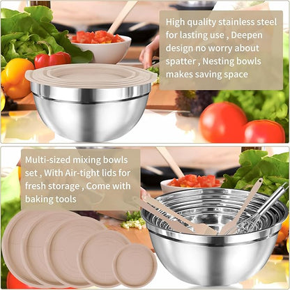 WEPSEN Mixing Bowls Set, 25PCS Khaki Mixing Bowls With Lids Set Stainless Steel Kitchen Large Nesting Metal Bowl 7QT to 1.5QT, Measuring Cups and Spoons for Prepping Cooking Serving - Image 7