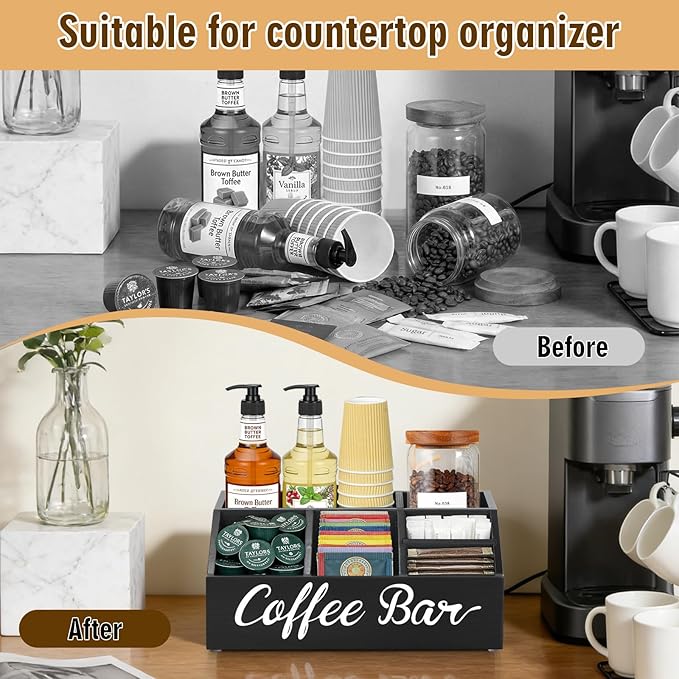 Coffee Station Organizer for Countertop, Wood Coffee Bar Organizer for Farmhouse Coffee Bar Decor, Tea Condiment Storage Organizer, Coffee Pod Holder and Coffee Bar Accessories - Image 3