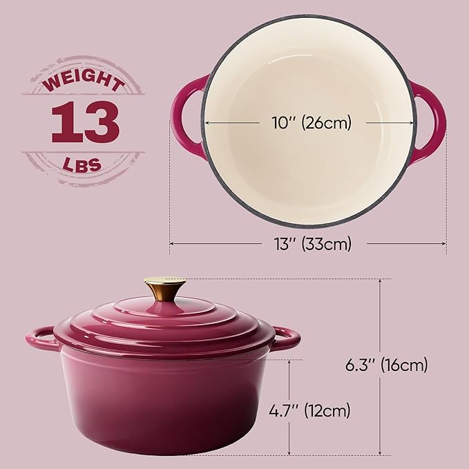 Vintage Style 6 Quart Dutch Oven Pot with Lid, Non Stick Enameled Cast Iron Dutch Oven for Bread Baking, Heavy-Duty, Oven Safe Ceramic Cookware Up to 500°F for Baking, Braising, Stews, Roasting, Rose - Image 4