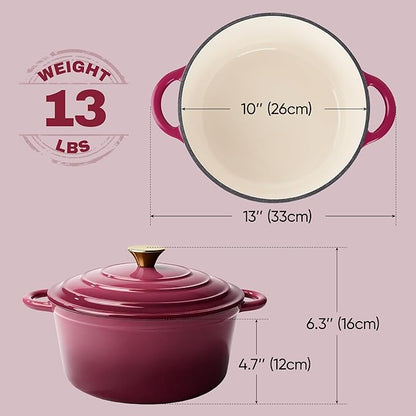Vintage Style 6 Quart Dutch Oven Pot with Lid, Non Stick Enameled Cast Iron Dutch Oven for Bread Baking, Heavy-Duty, Oven Safe Ceramic Cookware Up to 500°F for Baking, Braising, Stews, Roasting, Rose - Image 4