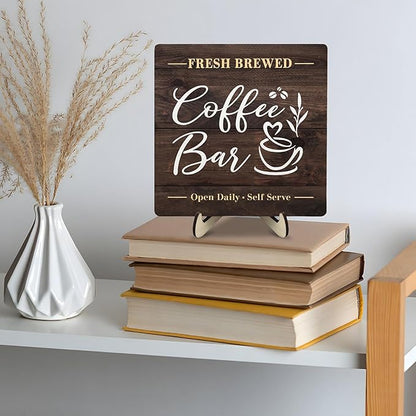 Coffee Bar Sign Plaque, Rustic Wooden Tabletop Plaque with Stand, Vintage Farmhouse Café Counter Sign for Kitchen Coffee Station, Fresh Brewed Mini Bar Decor 5.9x5.9inch - Image 8