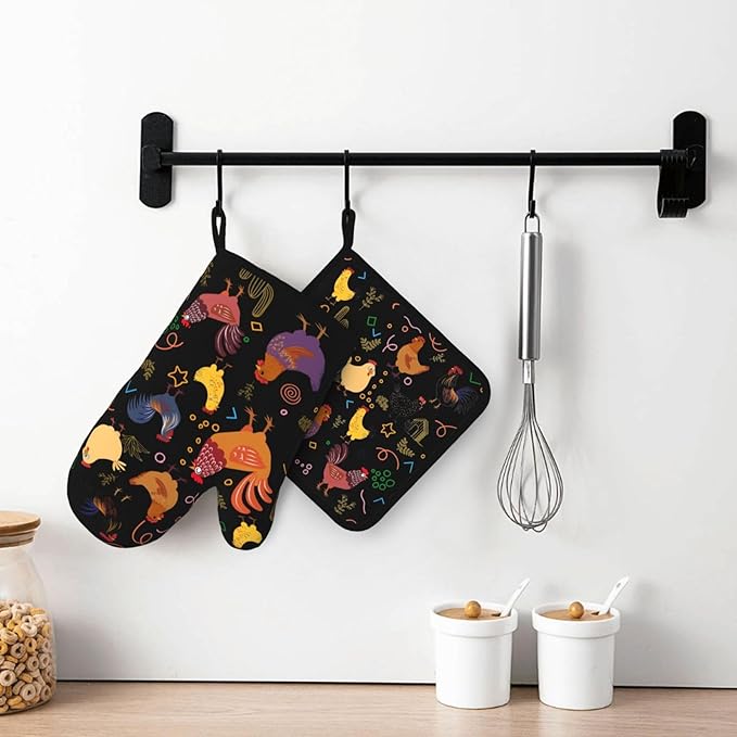 Chicken Silicone Oven Mitts Pan Mats Set of 2, Heat Resistant Gloves Potholder with Non-Slip Grips Hanging Loops Pot Holder, Spring Summer for Chef Cooking, Baking, Grilling, BBQ