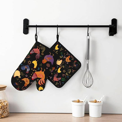 Chicken Silicone Oven Mitts Pan Mats Set of 2, Heat Resistant Gloves Potholder with Non-Slip Grips Hanging Loops Pot Holder, Spring Summer for Chef Cooking, Baking, Grilling, BBQ