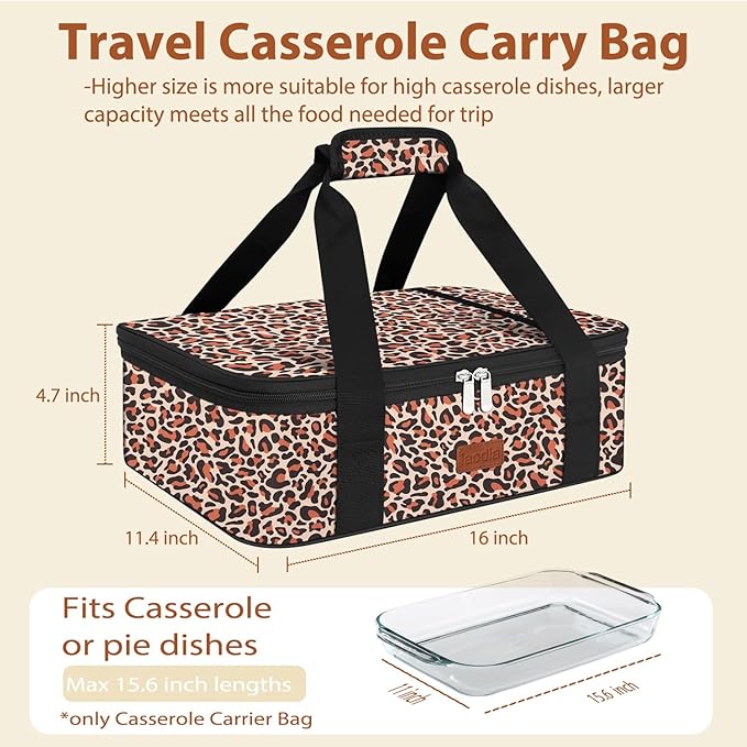 Insulated Casserole Carrier Bag, Expandable Thermal Food Carrier Insulated Travel Carry Bag for Hot or Cold Food for Picnic Cookouts Potluck Parties Fits 9" x 13" Baking Dish (Leopard)